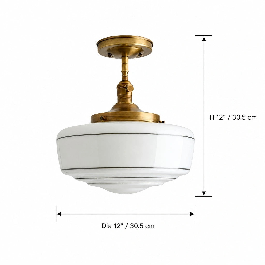 Lampa Sufitowa Retro z Mlecznym Kloszem w Paski na Złotym Stelażu