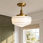 Lampa Sufitowa Retro z Mlecznym Kloszem w Paski na Złotym Stelażu