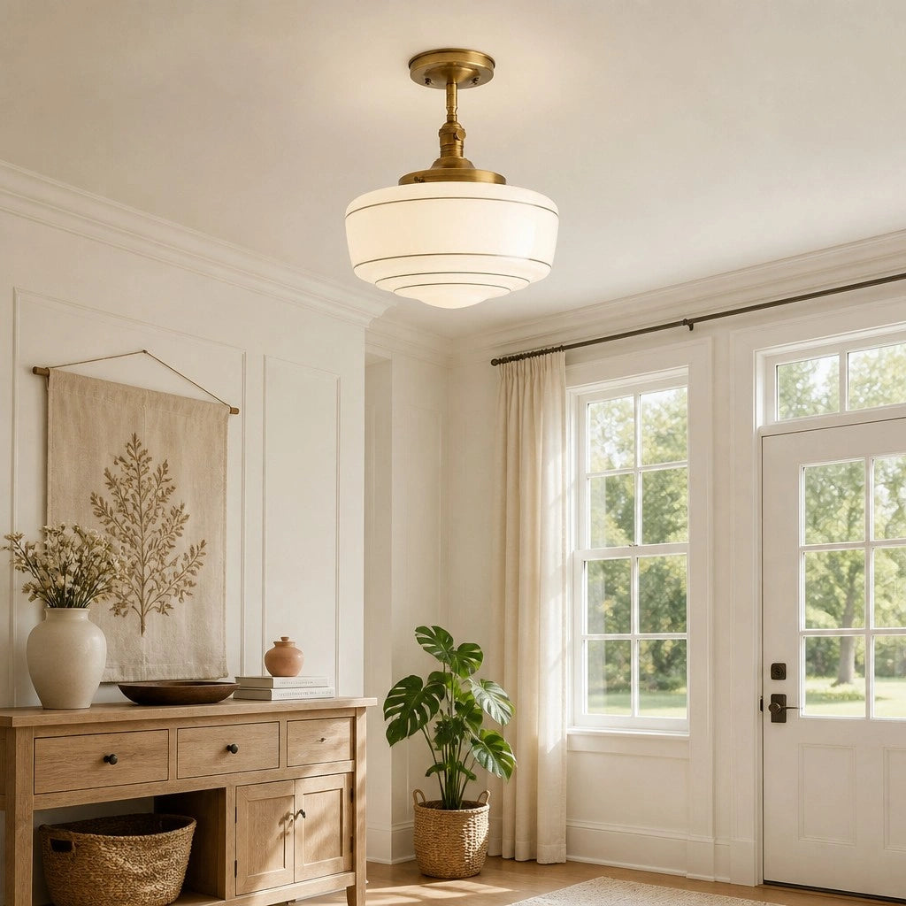 Lampa Sufitowa Retro z Mlecznym Kloszem w Paski na Złotym Stelażu