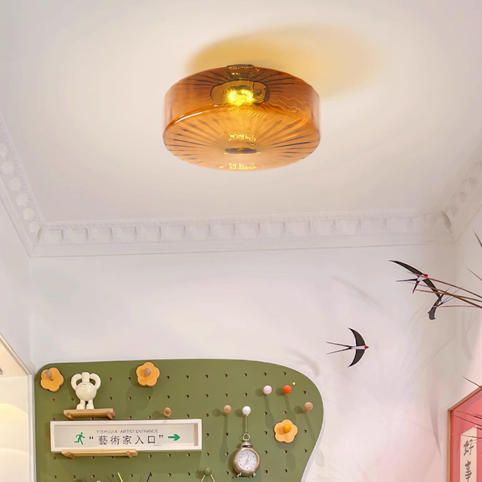 Lampa Sufitowa Retro ze Szklanym Kloszem i Wzorem Promieni Słońca
