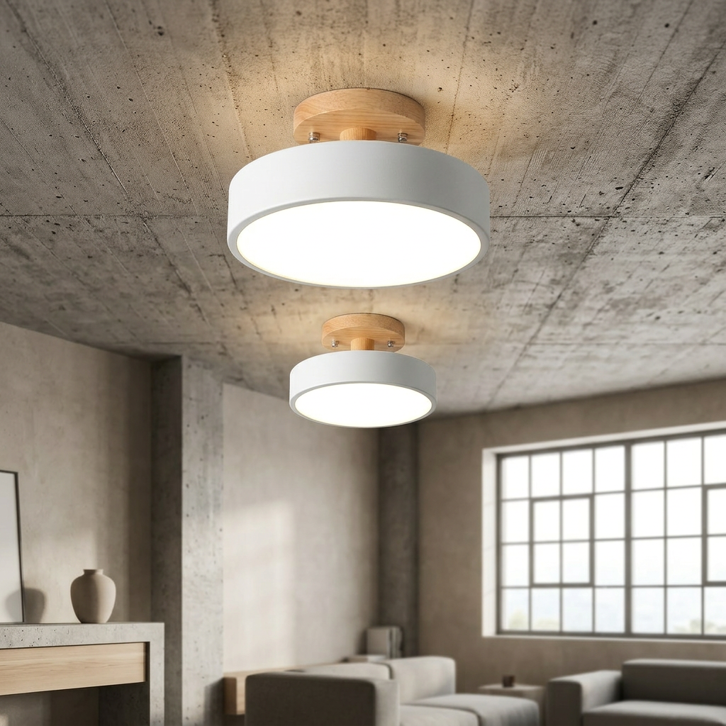 Lampa Sufitowa Skandynawska Okrągła z Drewnianą Podstawą