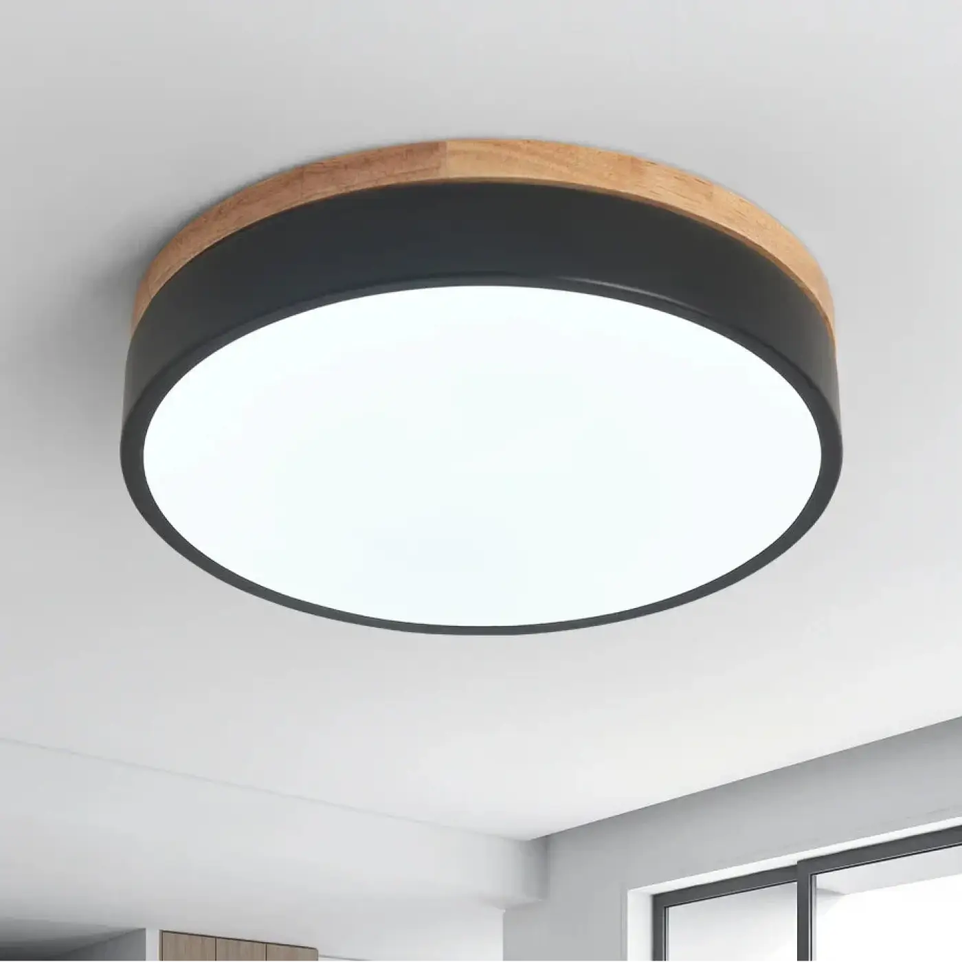 Lampa Sufitowa Skandynawska Okrągła z Drewnianą Ramą