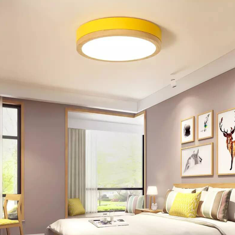 Lampa Sufitowa Skandynawska Okrągła z Drewnianą Ramą LED Plafon