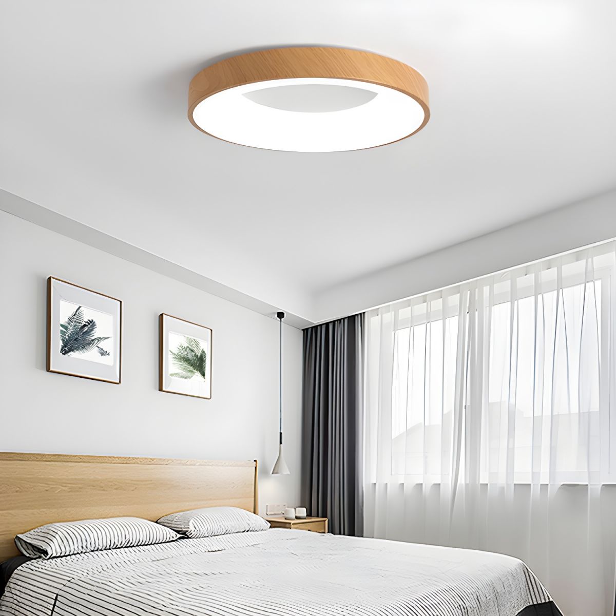 Lampa Sufitowa Skandynawska z Drewnianą Obudową i Białym Kloszem