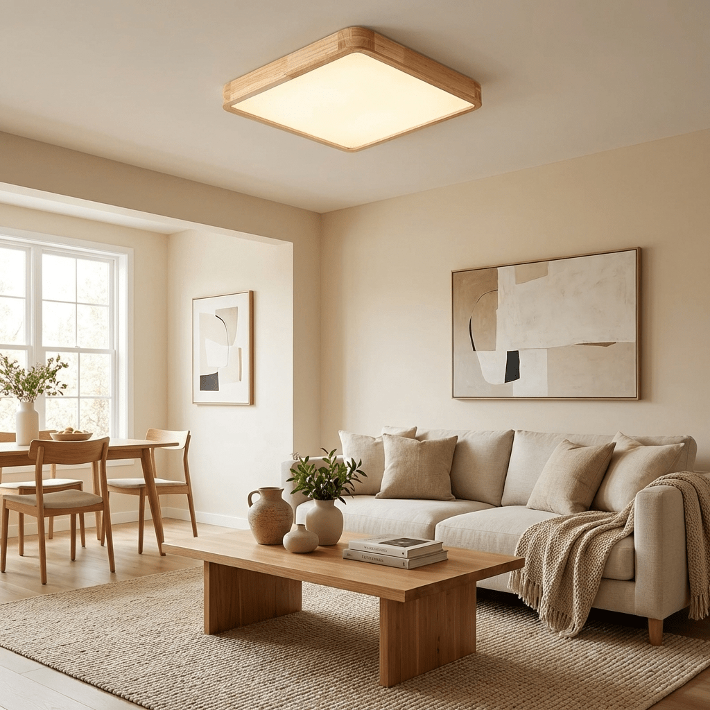 Lampa Sufitowa Skandynawska z Drewnianą Oprawą i Akrylowym Kloszem