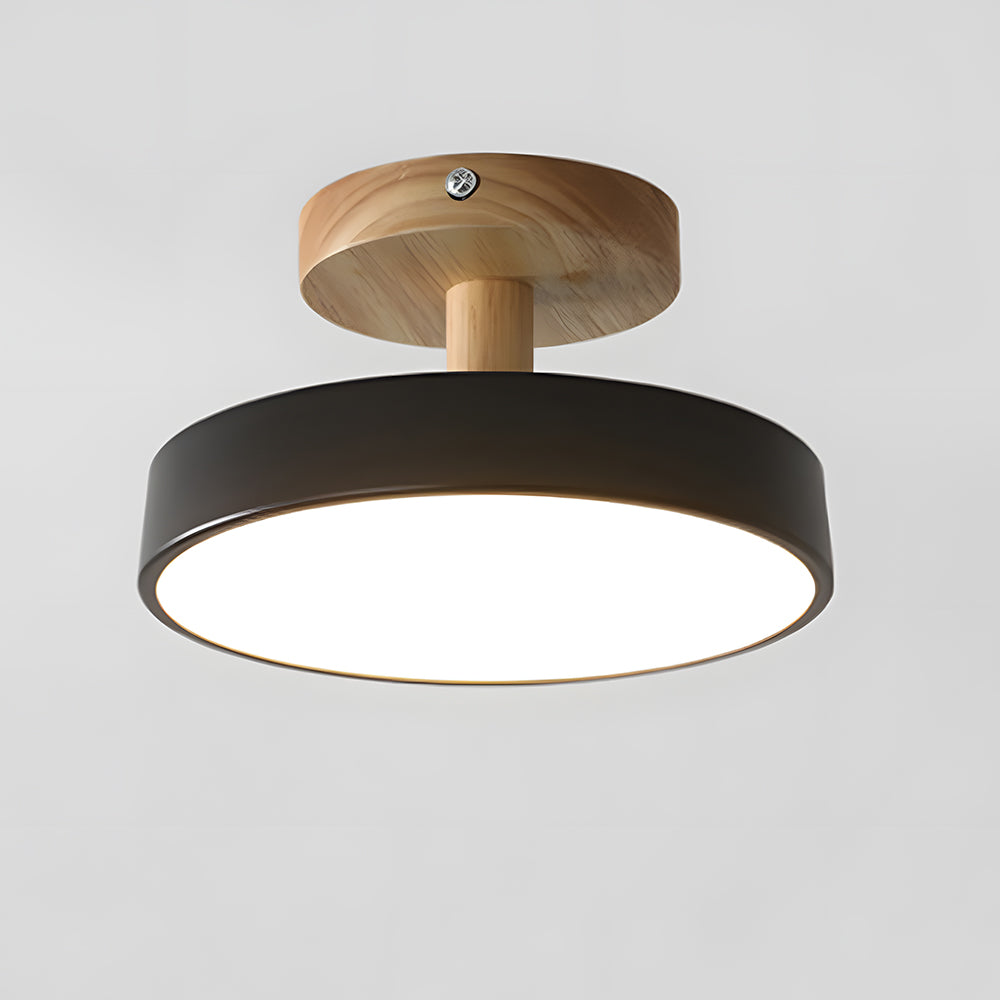 Lampa Sufitowa Skandynawska z Drewnianą Podstawą i Okrągłym Kloszem