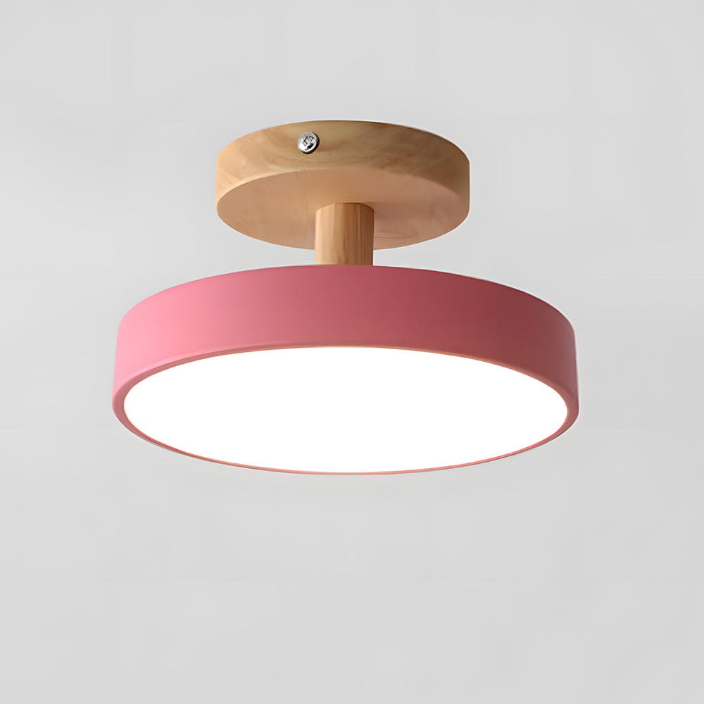 Lampa Sufitowa Skandynawska z Drewnianą Podstawą i Okrągłym Kloszem