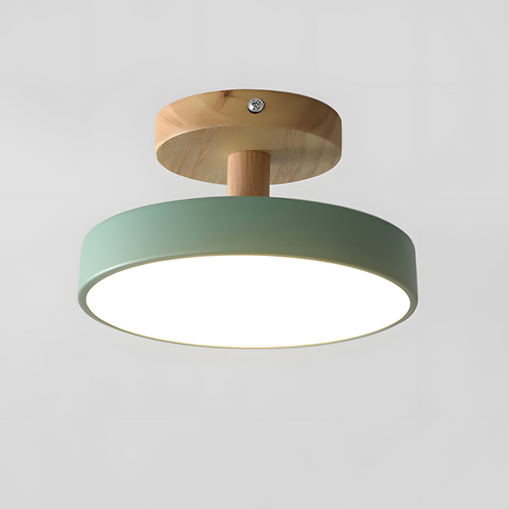 Lampa Sufitowa Skandynawska z Drewnianą Podstawą i Okrągłym Kloszem