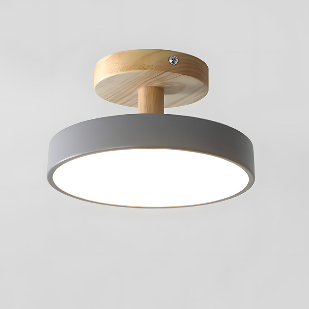 Lampa Sufitowa Skandynawska z Drewnianą Podstawą i Okrągłym Kloszem