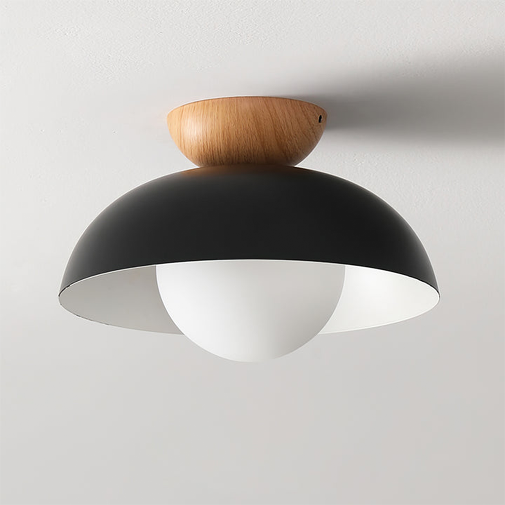 Lampa Sufitowa Skandynawska z Drewnianym Elementem i Kloszem Kulistym