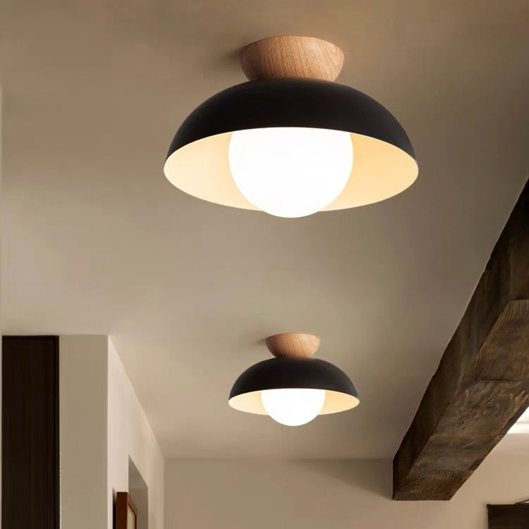 Lampa Sufitowa Skandynawska z Drewnianym Elementem i Kloszem Kulistym