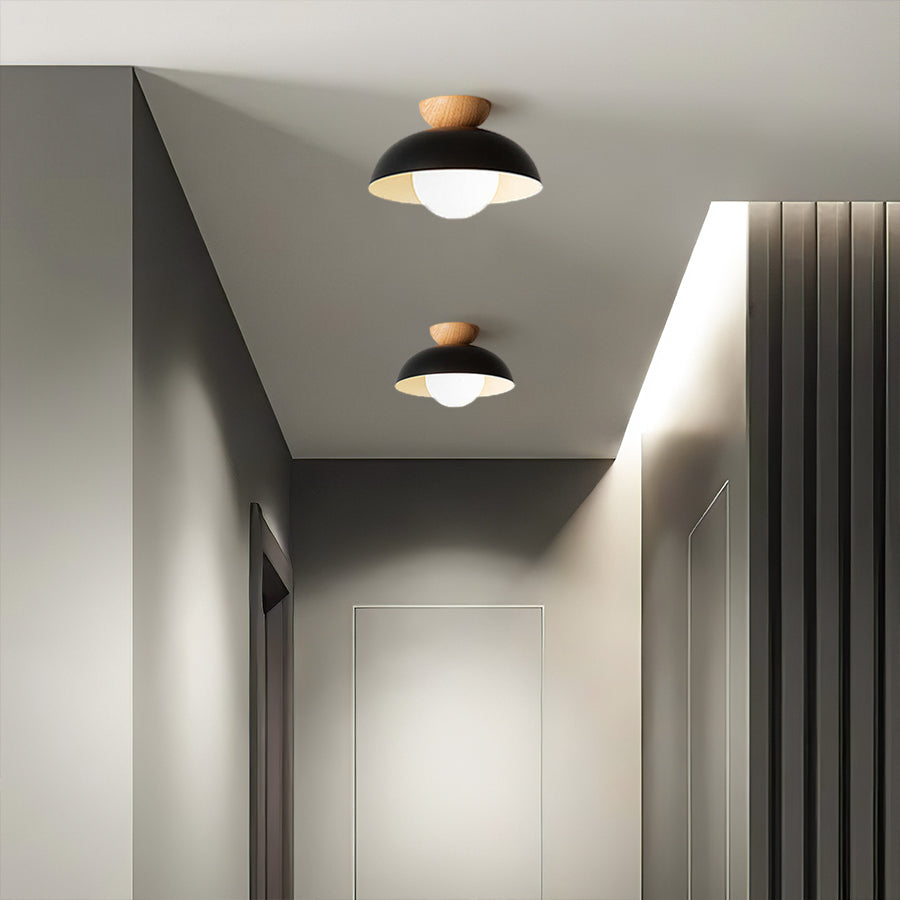 Lampa Sufitowa Skandynawska z Drewnianym Elementem i Kloszem Kulistym