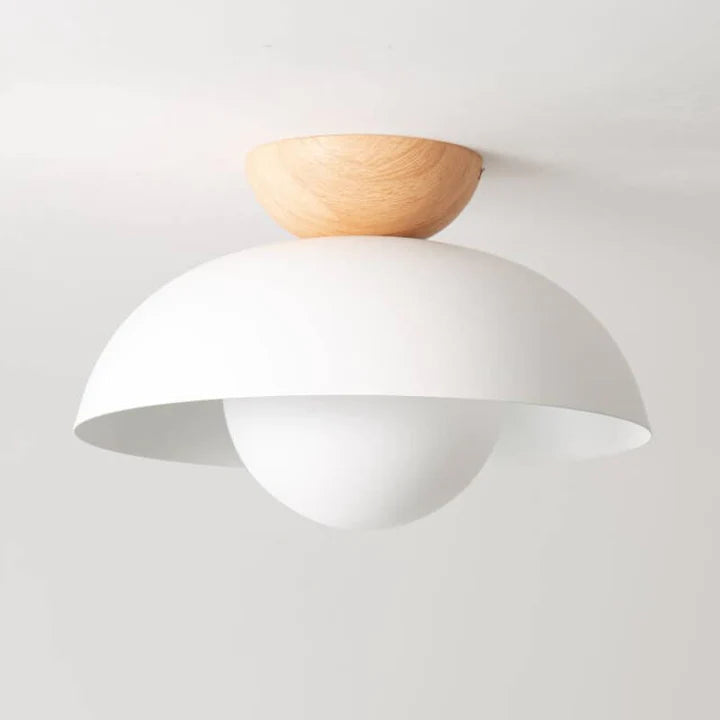 Lampa Sufitowa Skandynawska z Drewnianym Elementem i Kloszem Kulistym