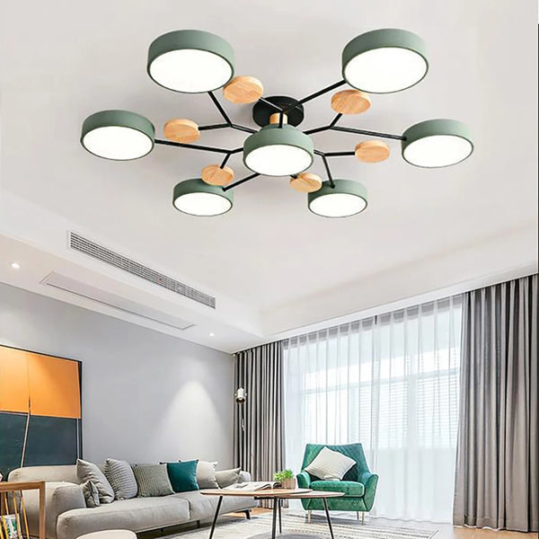 Lampa Sufitowa Skandynawska z Okrągłymi Kloszami i Drewnianymi Detalami