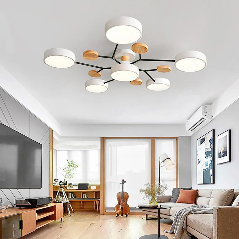 Lampa Sufitowa Skandynawska z Okrągłymi Kloszami i Drewnianymi Detalami