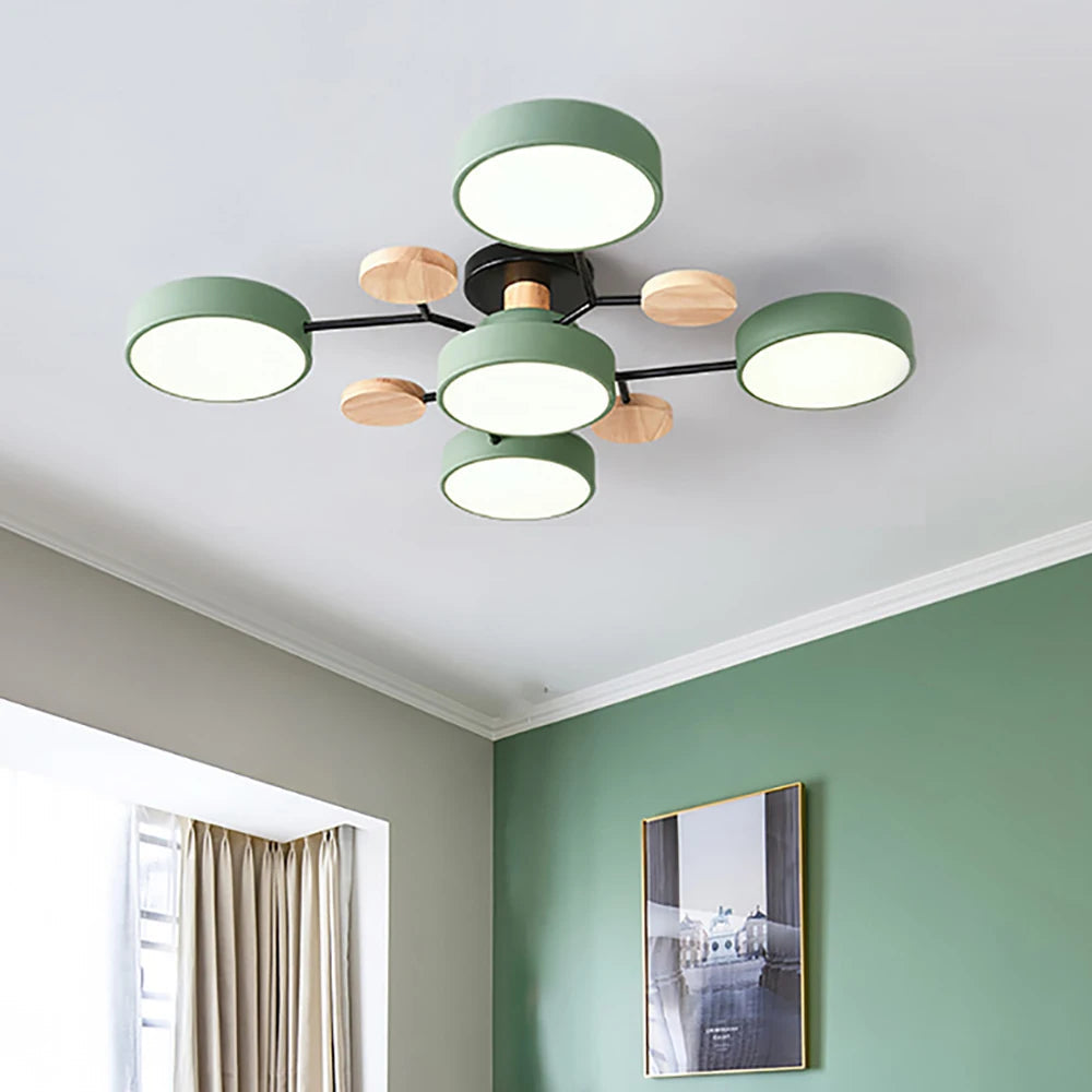 Lampa Sufitowa Skandynawska z Okrągłymi Kloszami i Drewnianymi Detalami