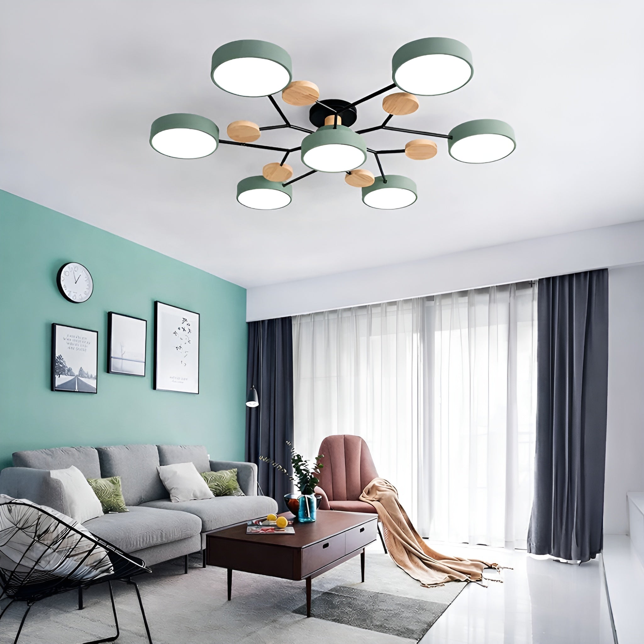 Lampa Sufitowa Skandynawska z Wieloramiennym Designem i Okrągłymi Kloszami