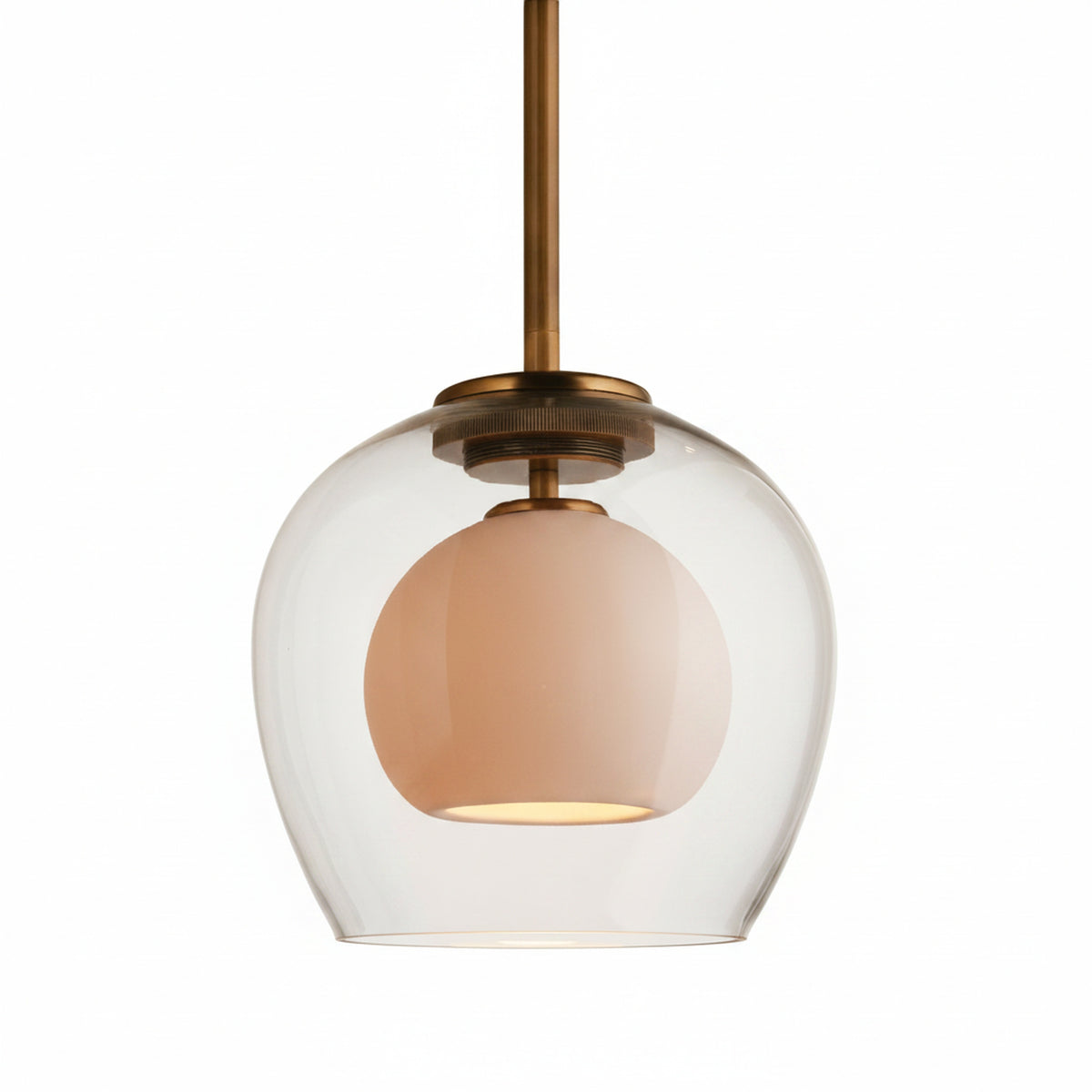 Lampa Wisząca Art Deco z Podwójnym Kloszem Szklanym i Mosiężnym Zawieszeniem