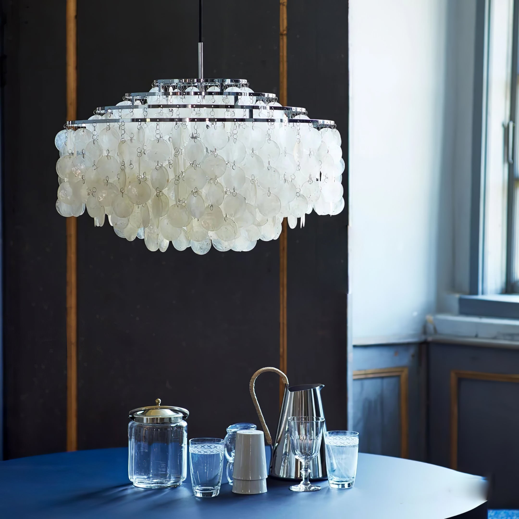 Lampa Wisząca Boho z Dyskami z Muszli na Metalowej Ramie