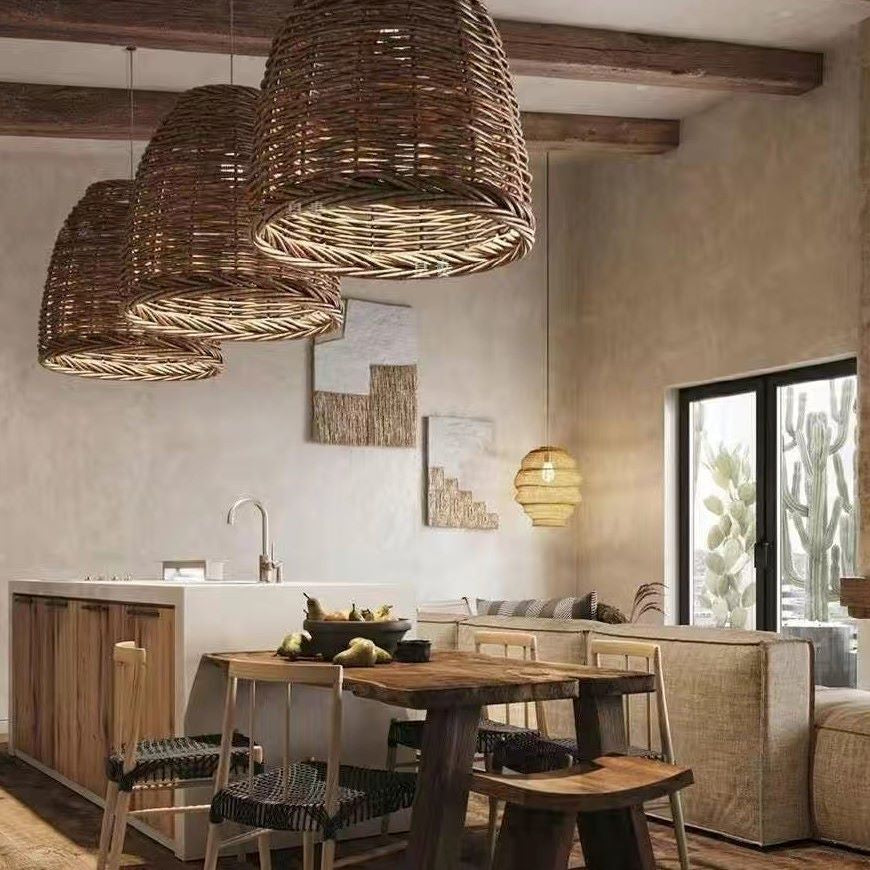 Lampa Wisząca Boho z Rattanowym Kloszem i Regulowaną Wysokością