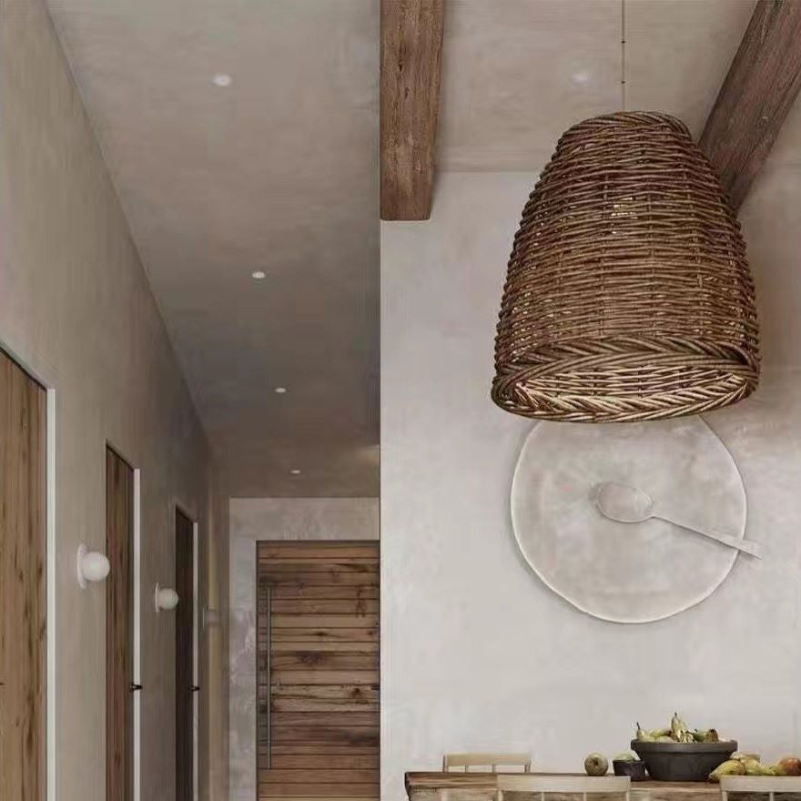 Lampa Wisząca Boho z Rattanowym Kloszem i Regulowaną Wysokością