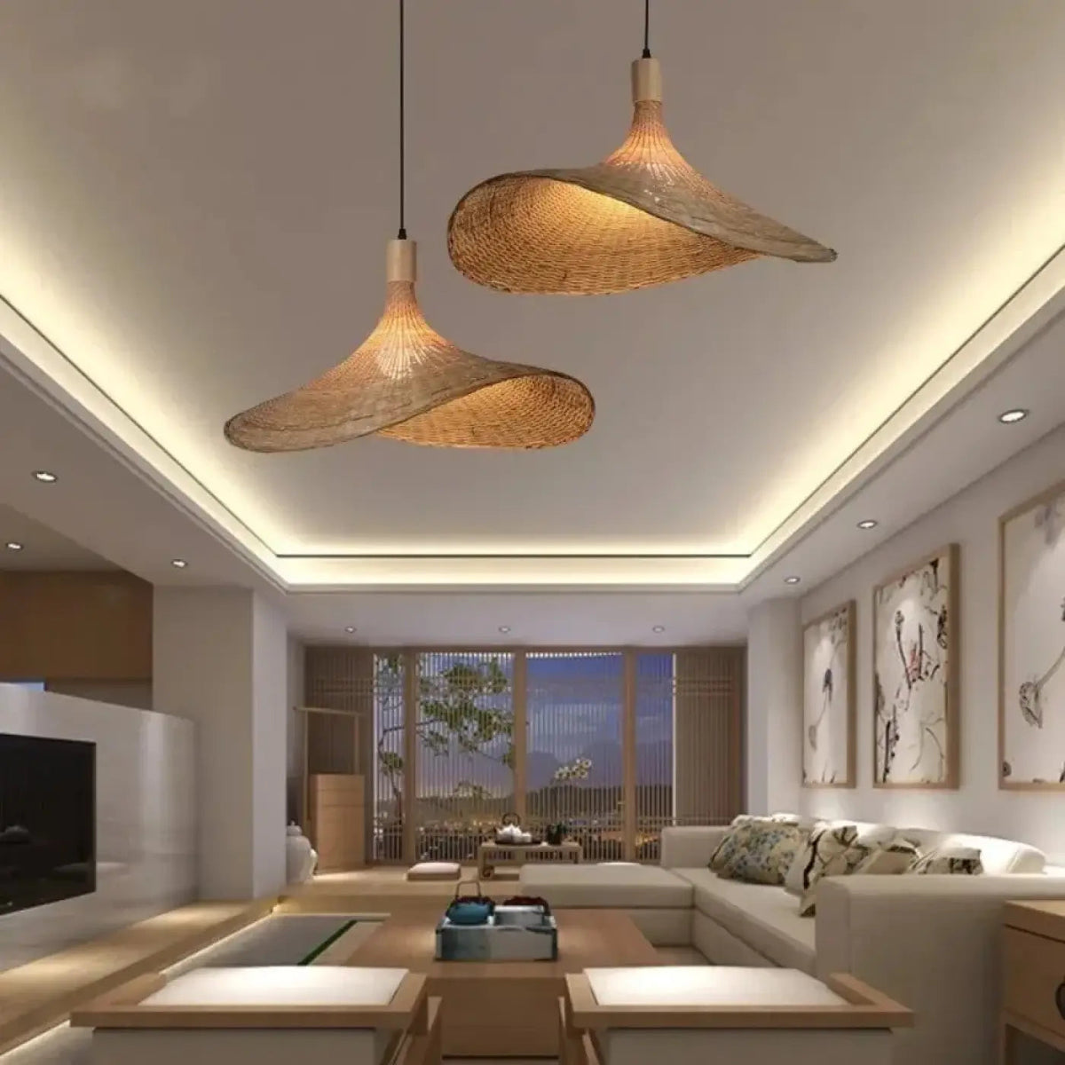 Lampa Wisząca Boho z Rattanu z Falistym Kloszem