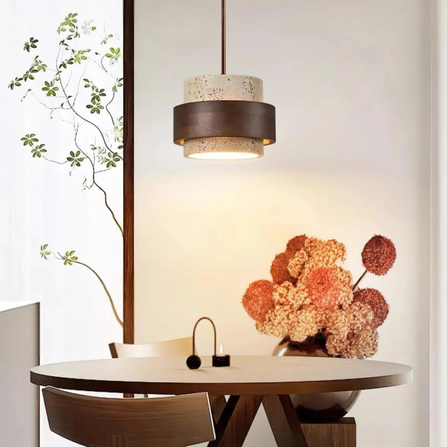 Lampa Wisząca Japandi Cylindryczna z Kamiennym Kloszem