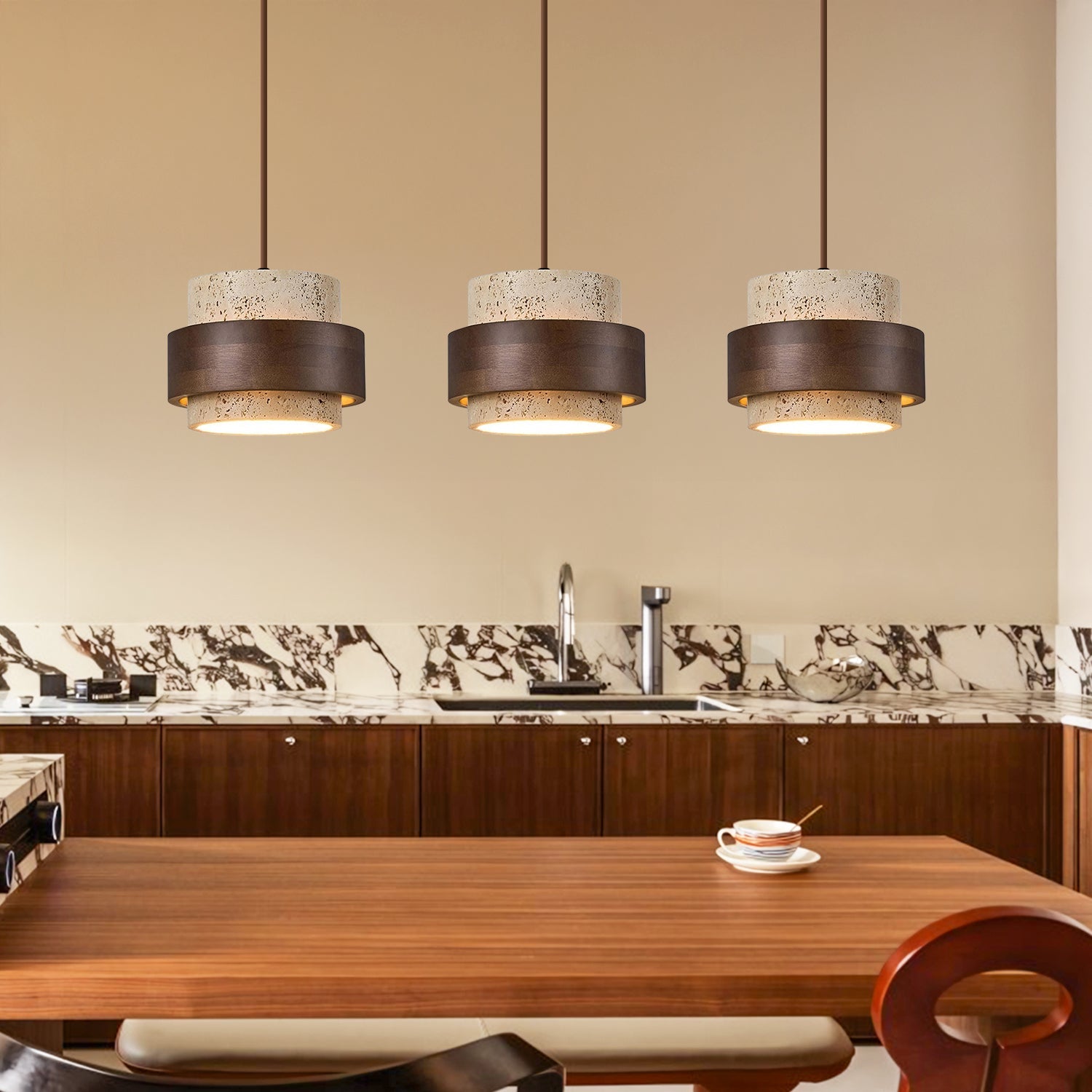 Lampa Wisząca Japandi Cylindryczna z Kamiennym Kloszem