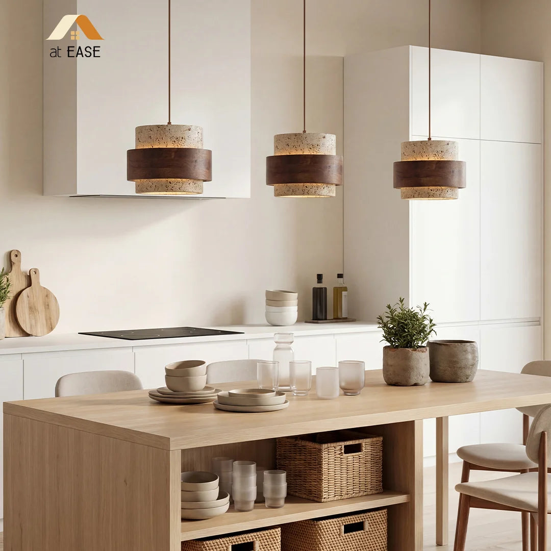 Lampa Wisząca Japandi Cylindryczna z Kamiennym Kloszem