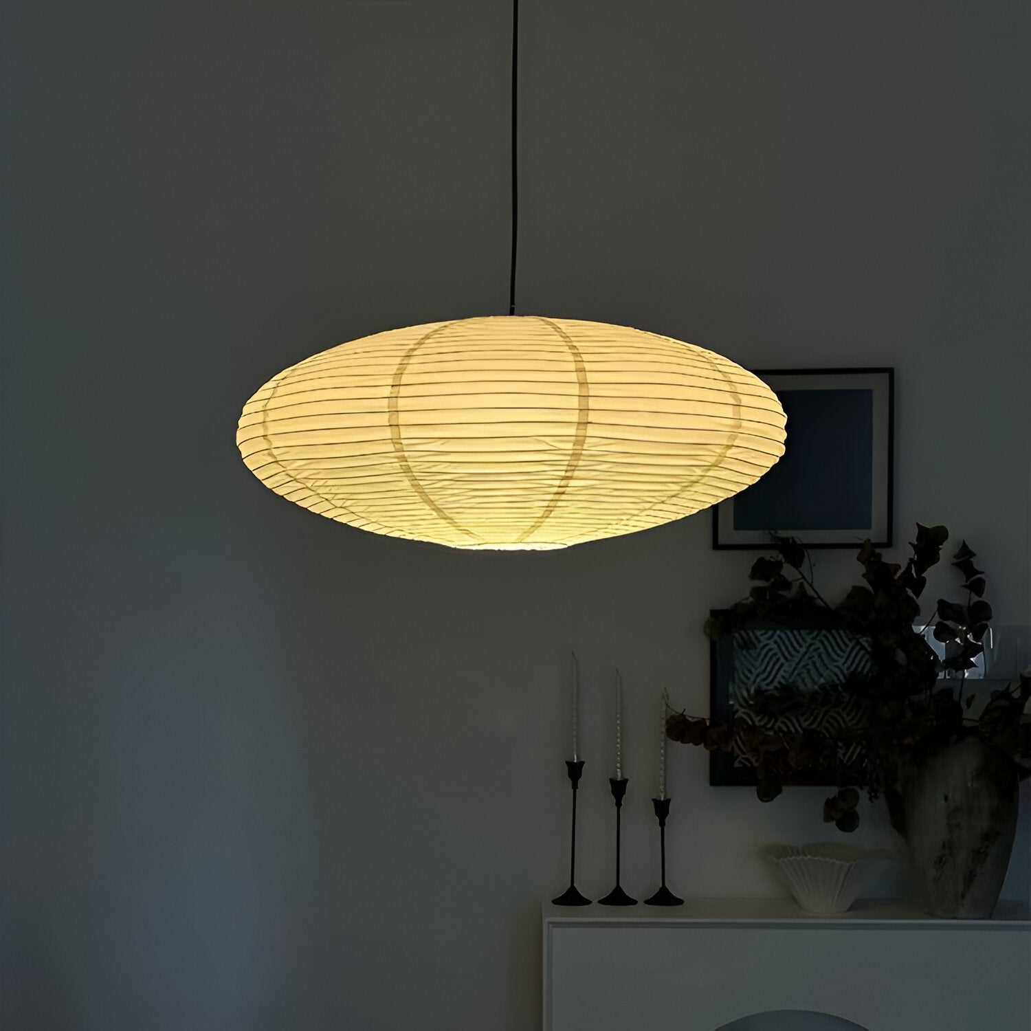 Lampa Wisząca Japandi z Papierowym Kloszem w Kształcie Elipsy