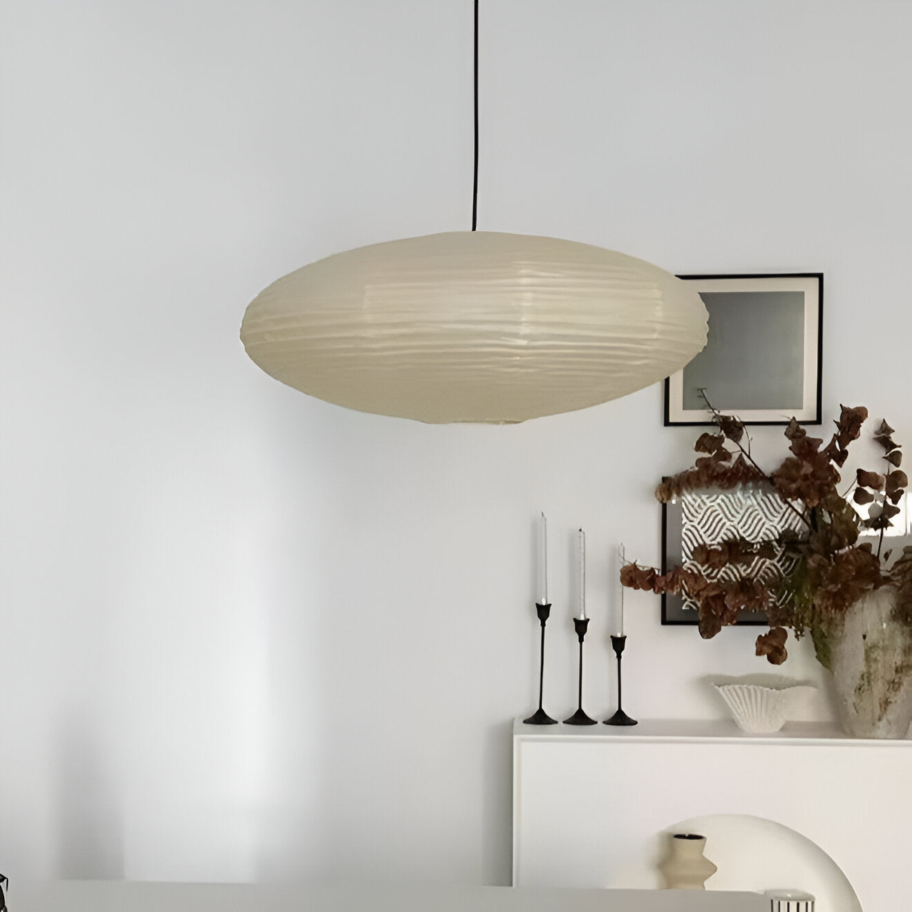 Lampa Wisząca Japandi z Papierowym Kloszem w Kształcie Elipsy