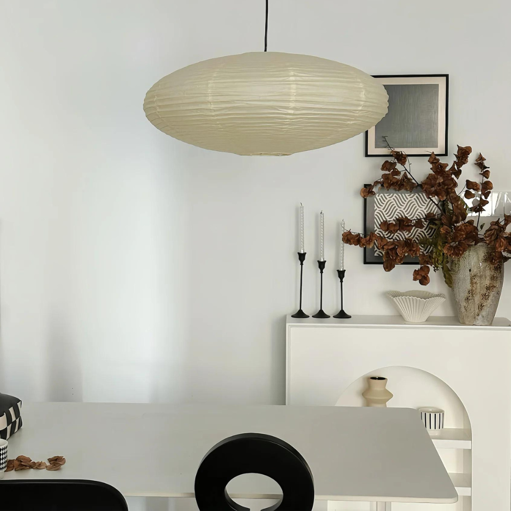 Lampa Wisząca Japandi z Papierowym Kloszem w Kształcie Elipsy