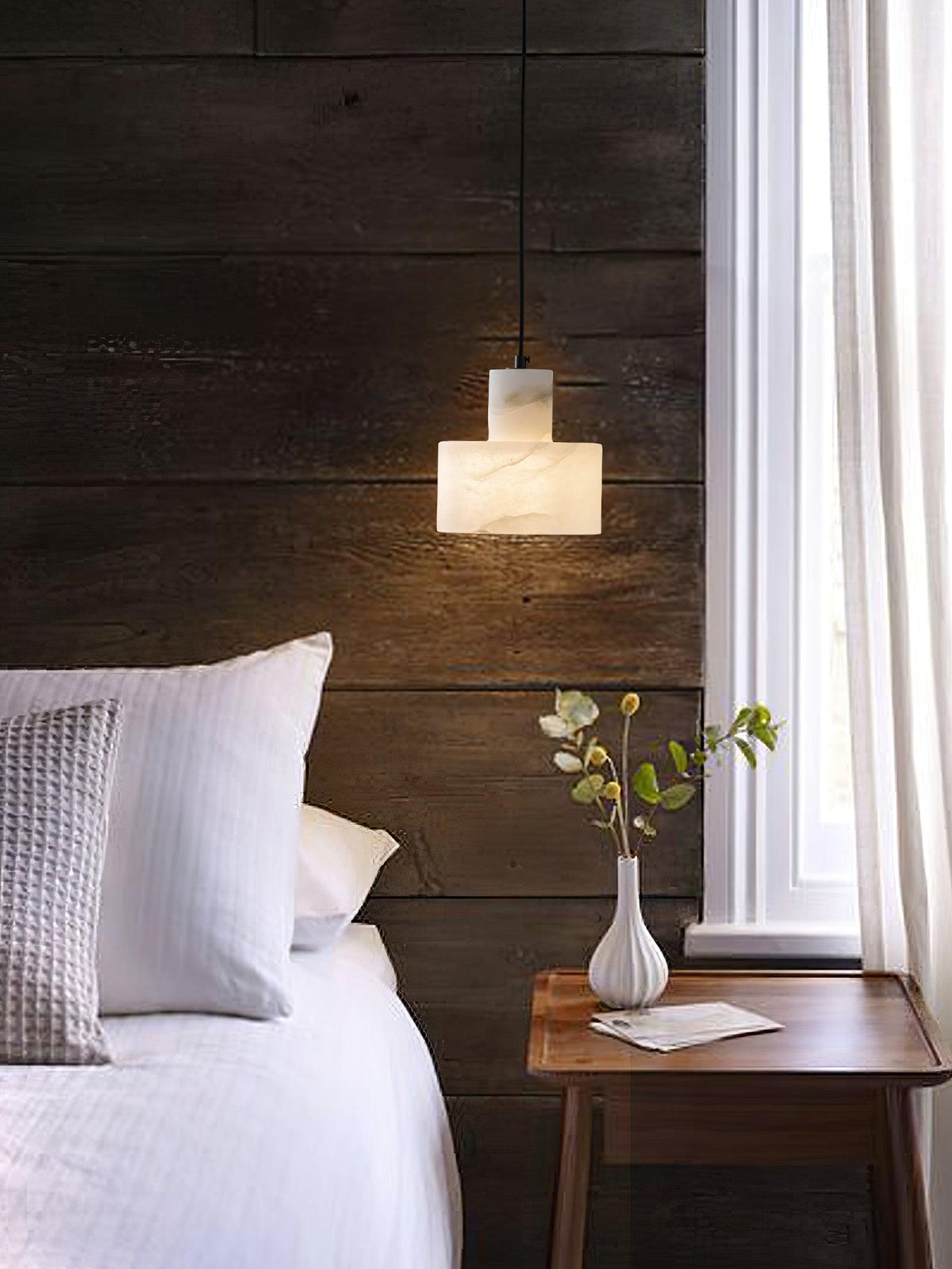 Lampa Wisząca Minimalistyczna z Alabastru z Podwójnym Cylindrem