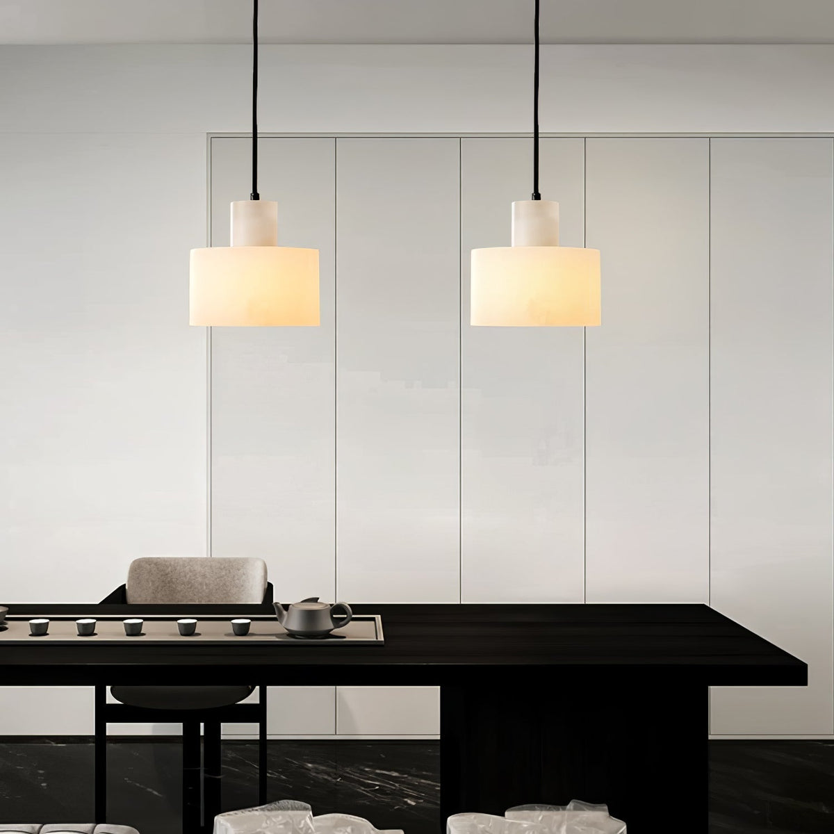 Lampa Wisząca Minimalistyczna z Alabastru z Podwójnym Cylindrem