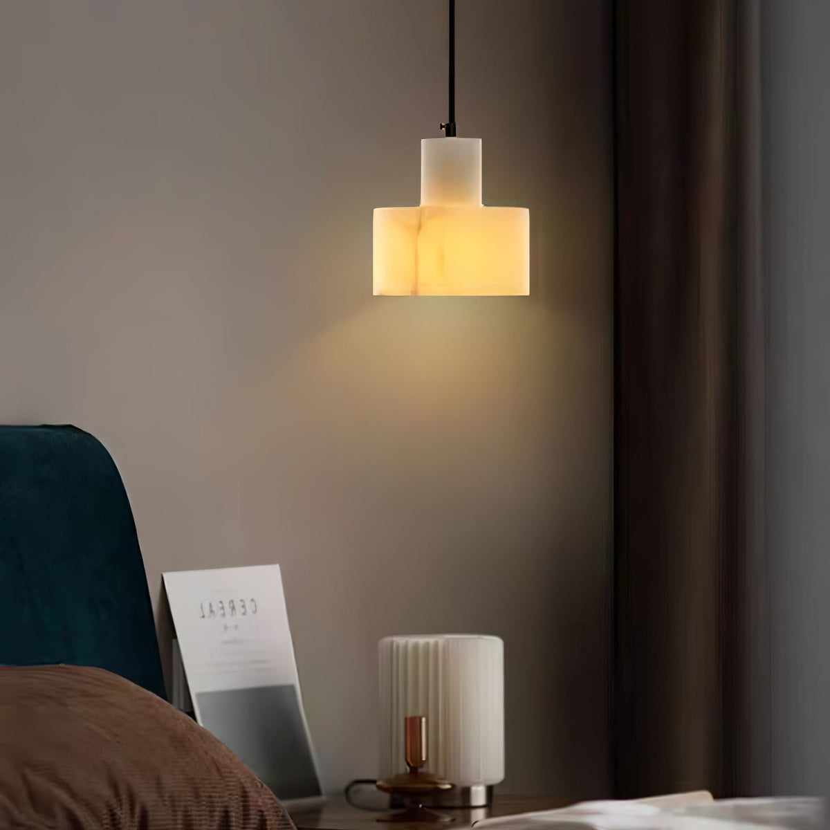 Lampa Wisząca Minimalistyczna z Alabastru z Podwójnym Cylindrem