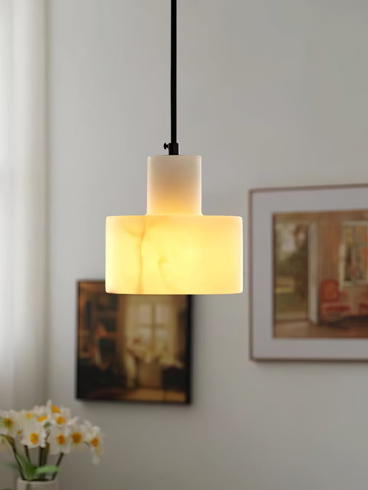 Lampa Wisząca Minimalistyczna z Alabastru z Podwójnym Cylindrem