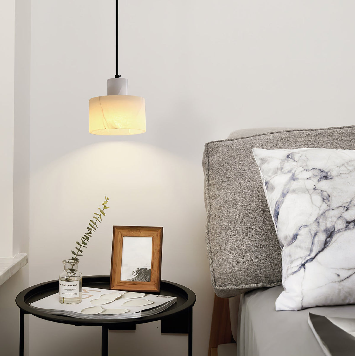 Lampa Wisząca Minimalistyczna z Alabastru z Podwójnym Cylindrem