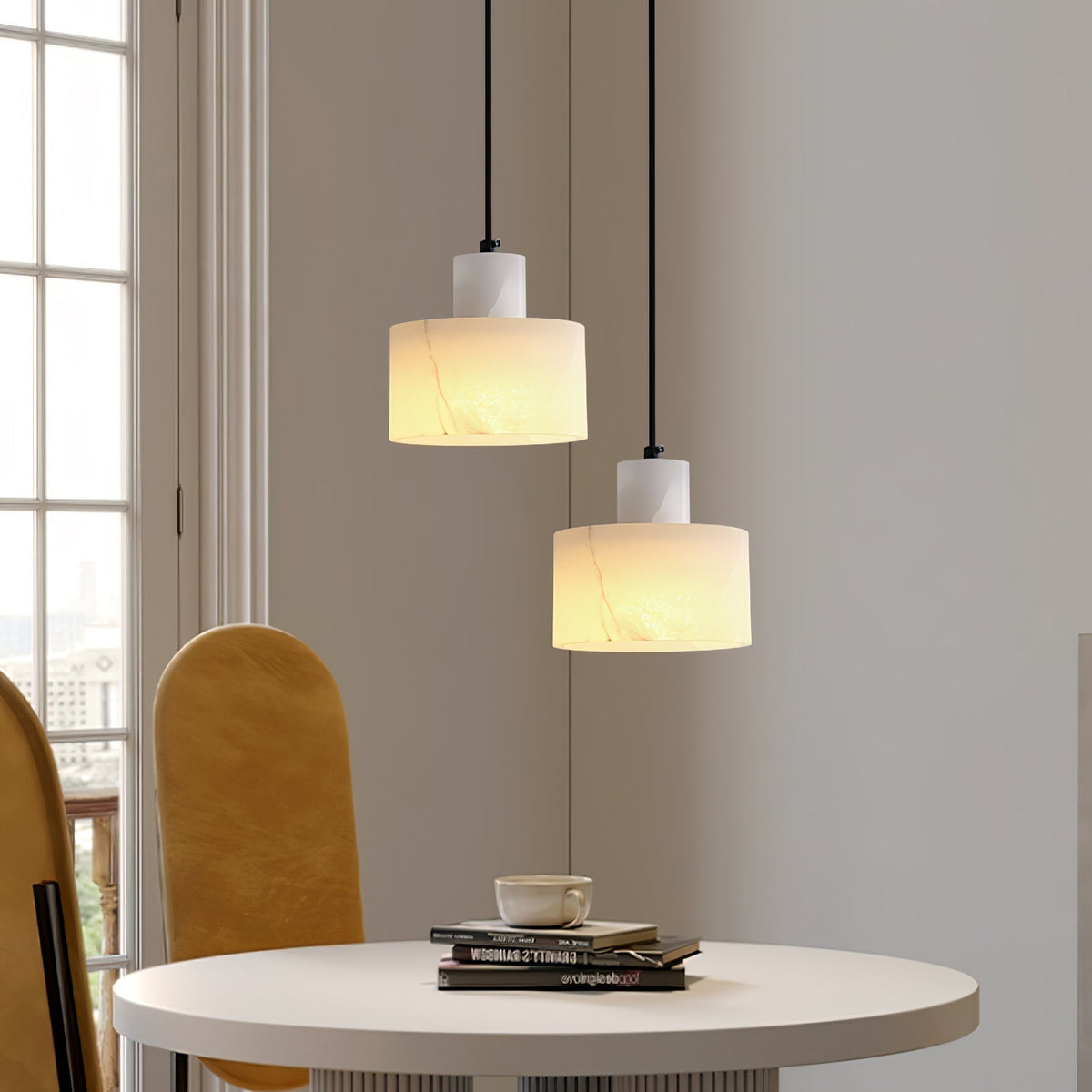 Lampa Wisząca Minimalistyczna z Alabastru z Podwójnym Cylindrem ##POS:37##