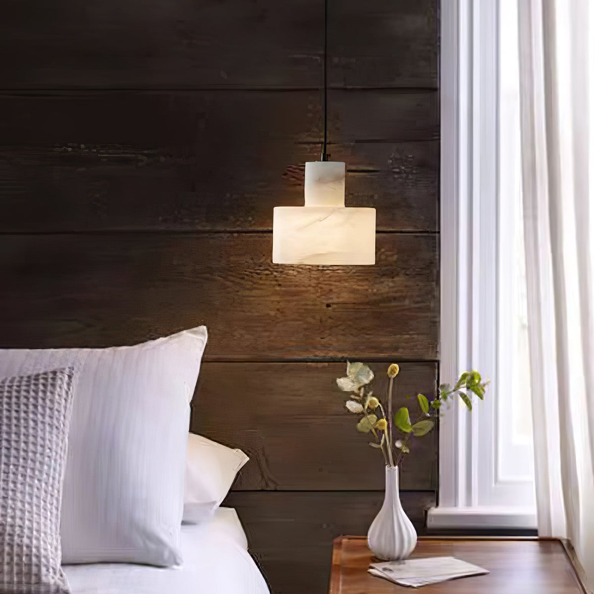 Lampa Wisząca Minimalistyczna z Alabastru z Podwójnym Cylindrem