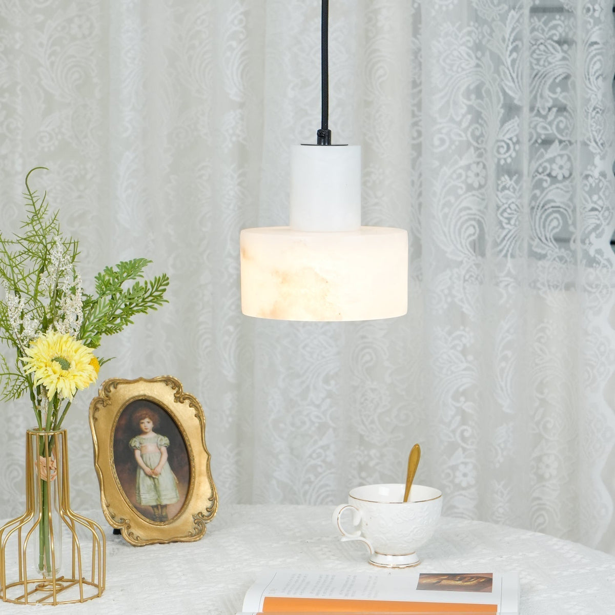 Lampa Wisząca Minimalistyczna z Alabastru z Podwójnym Cylindrem ##POS:47##
