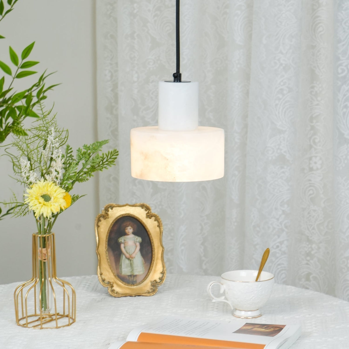 Lampa Wisząca Minimalistyczna z Alabastru z Podwójnym Cylindrem