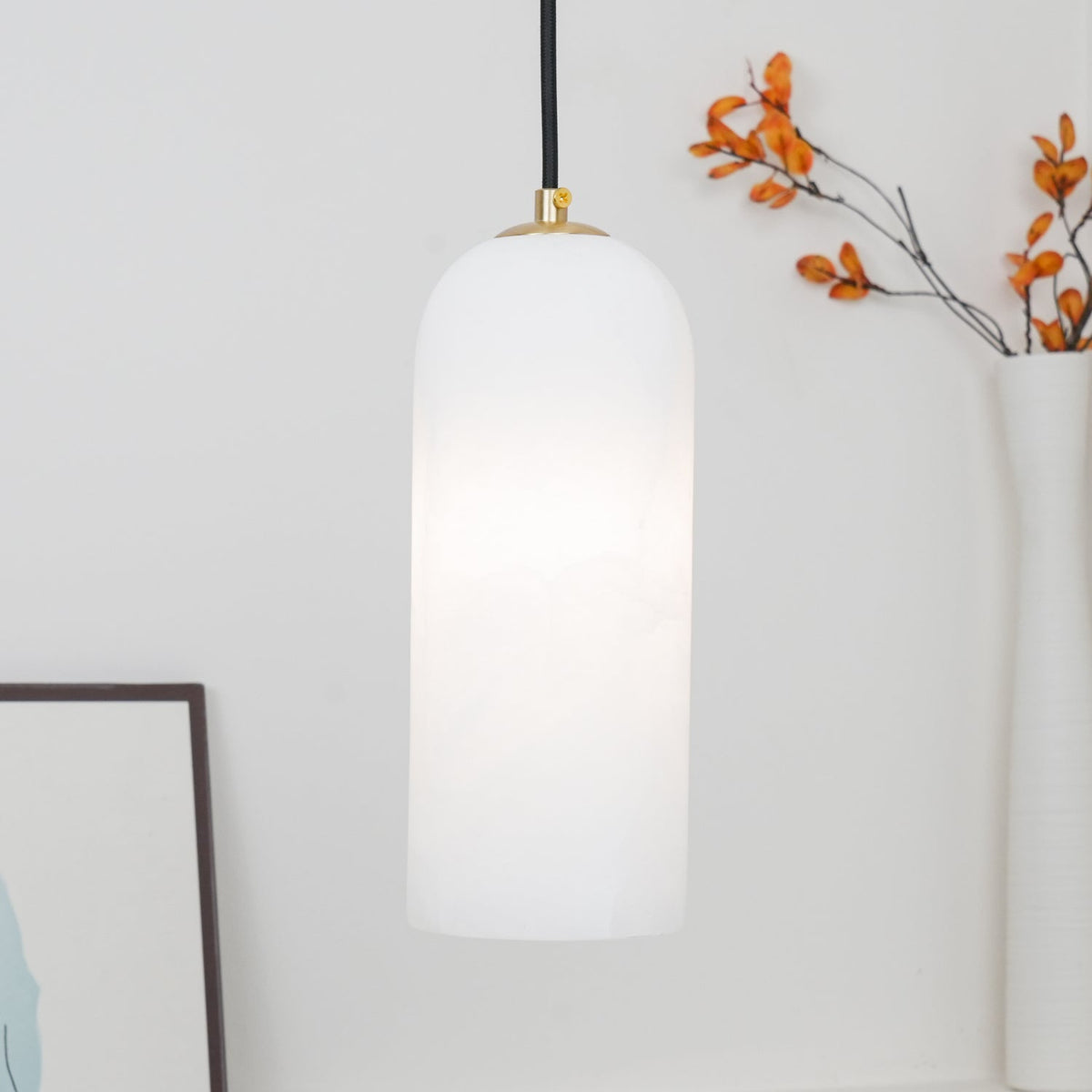 Lampa Wisząca Minimalistyczna z Kloszem Cylindrycznym z Alabastru