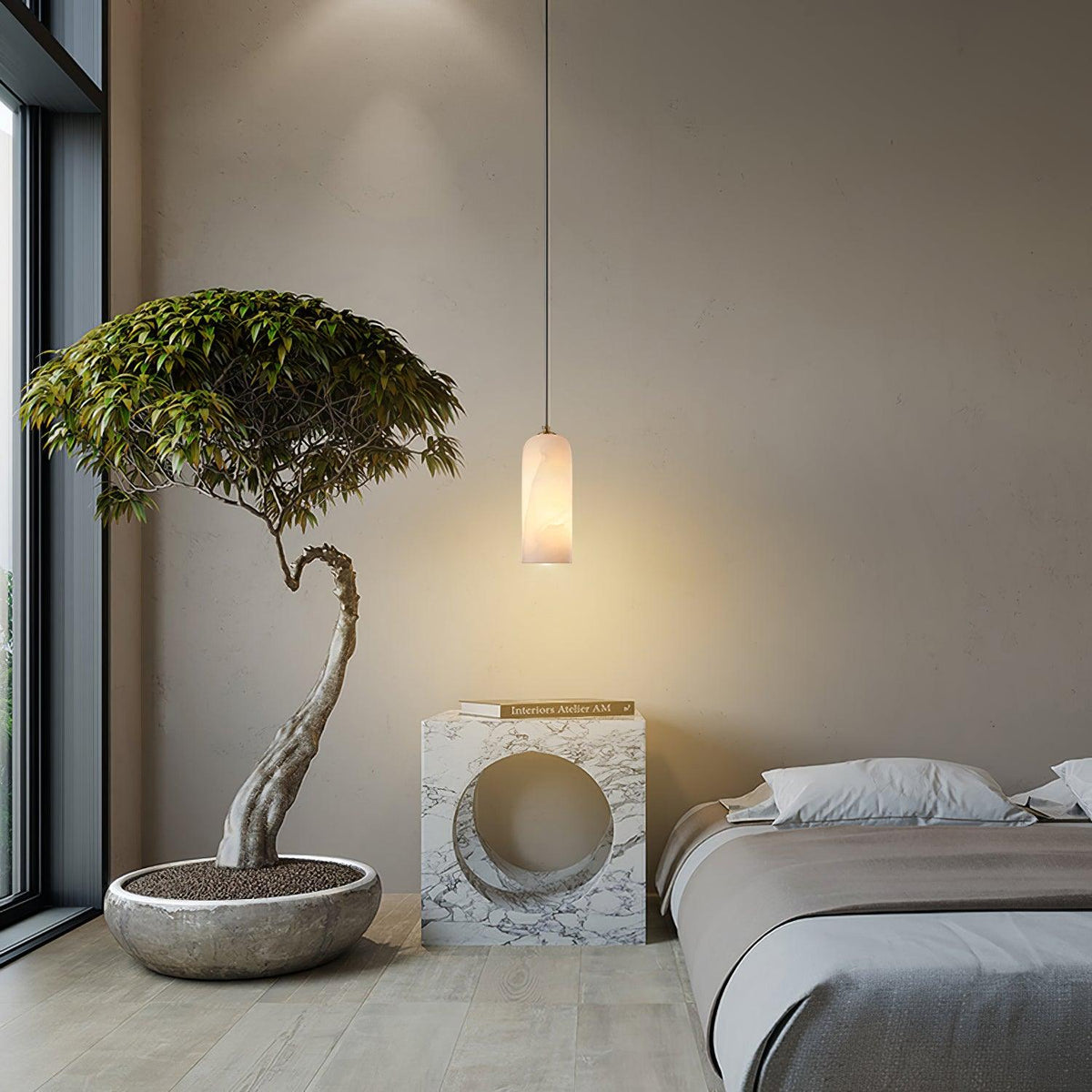 Lampa Wisząca Minimalistyczna z Kloszem Cylindrycznym z Alabastru ##POS:35##