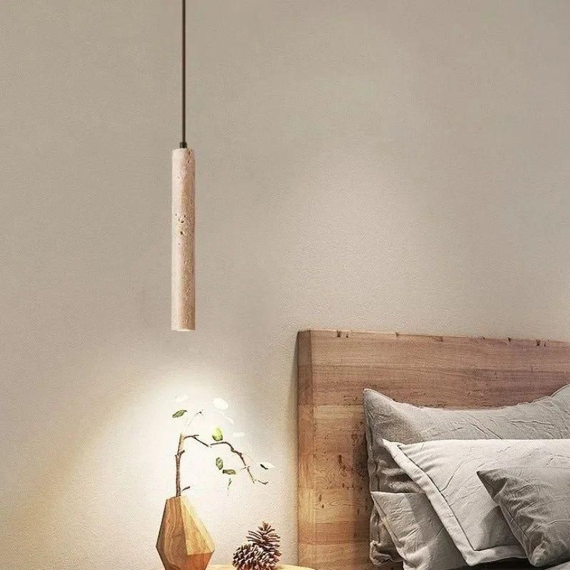 Lampa Wisząca Minimalistyczna z Trawertyn Wabi-Sabi ze Smukłym Cylindrycznym Kloszem