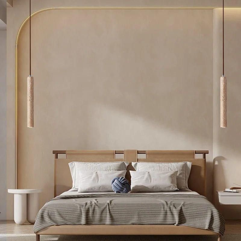Lampa Wisząca Minimalistyczna z Trawertyn Wabi-Sabi ze Smukłym Cylindrycznym Kloszem