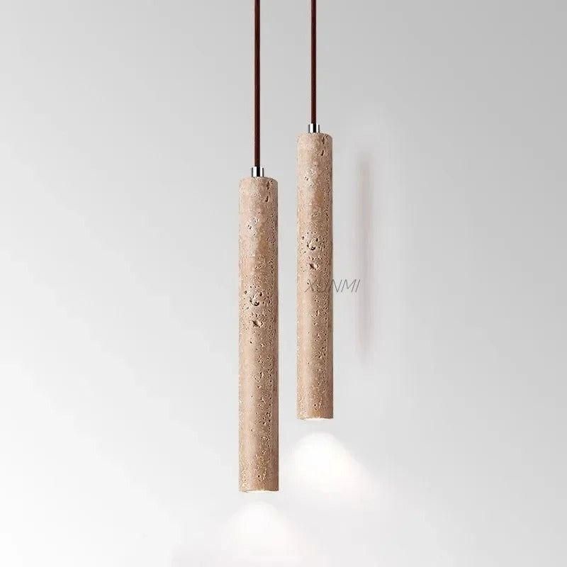 Lampa Wisząca Minimalistyczna z Trawertyn Wabi-Sabi ze Smukłym Cylindrycznym Kloszem