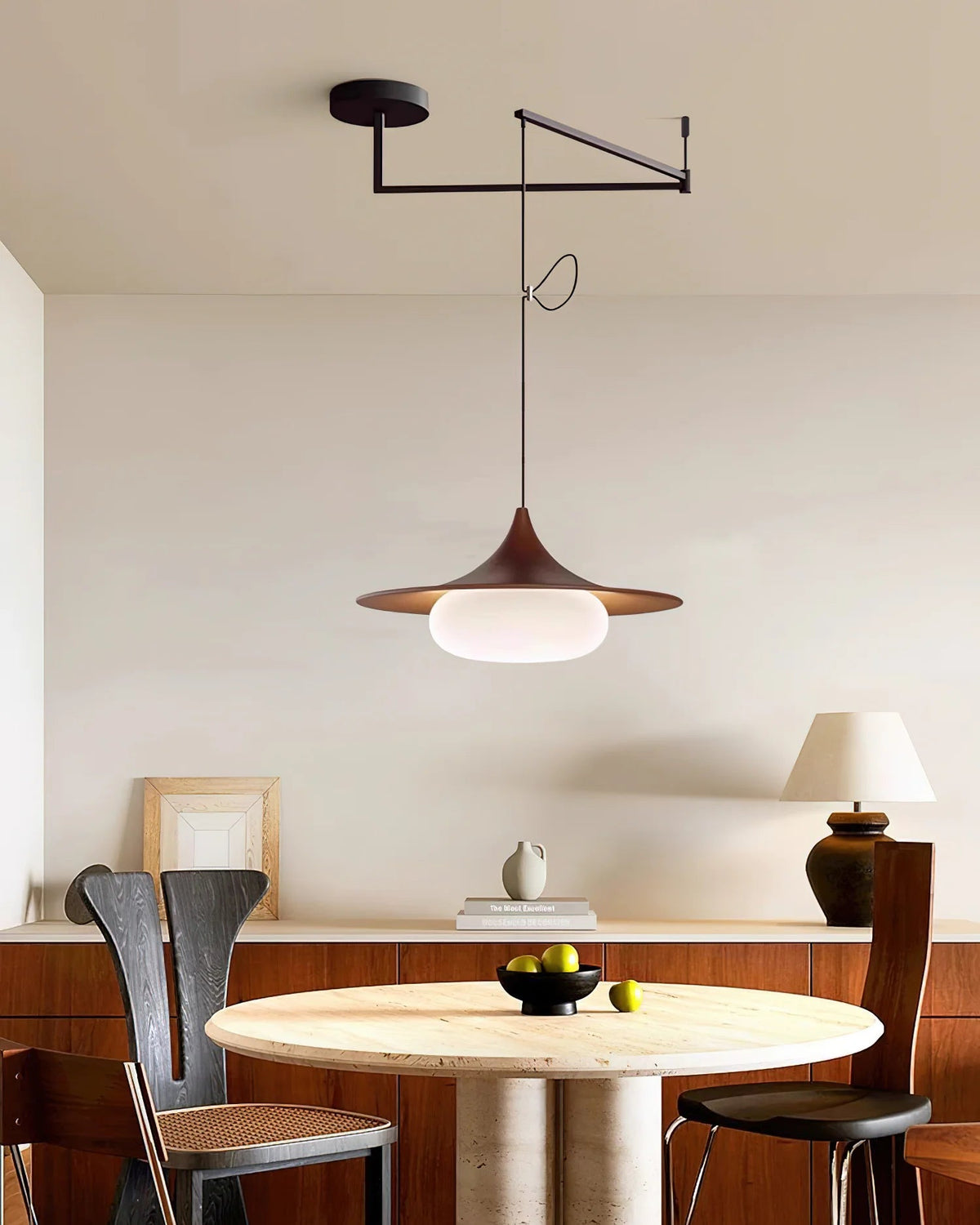 Lampa Wisząca Modernistyczna z Ruchomym Ramieniem i Kloszem ze Szkła Mlecznego