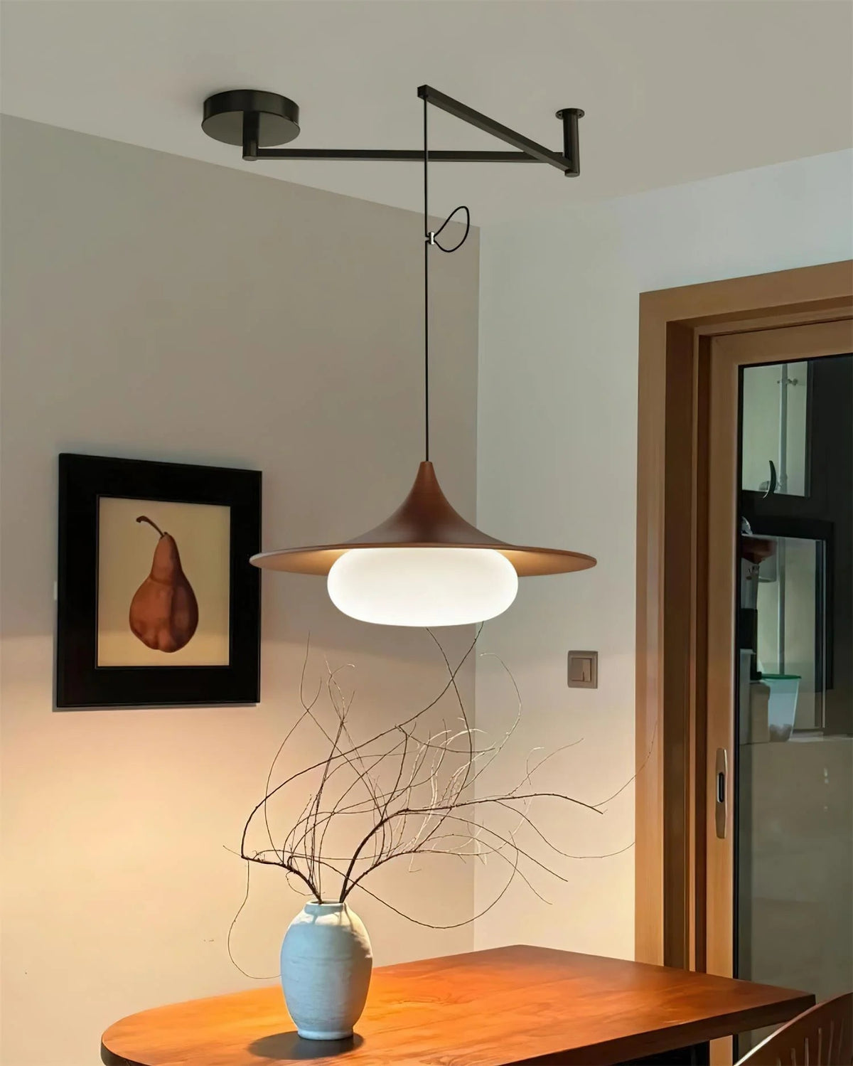 Lampa Wisząca Modernistyczna z Ruchomym Ramieniem i Kloszem ze Szkła Mlecznego