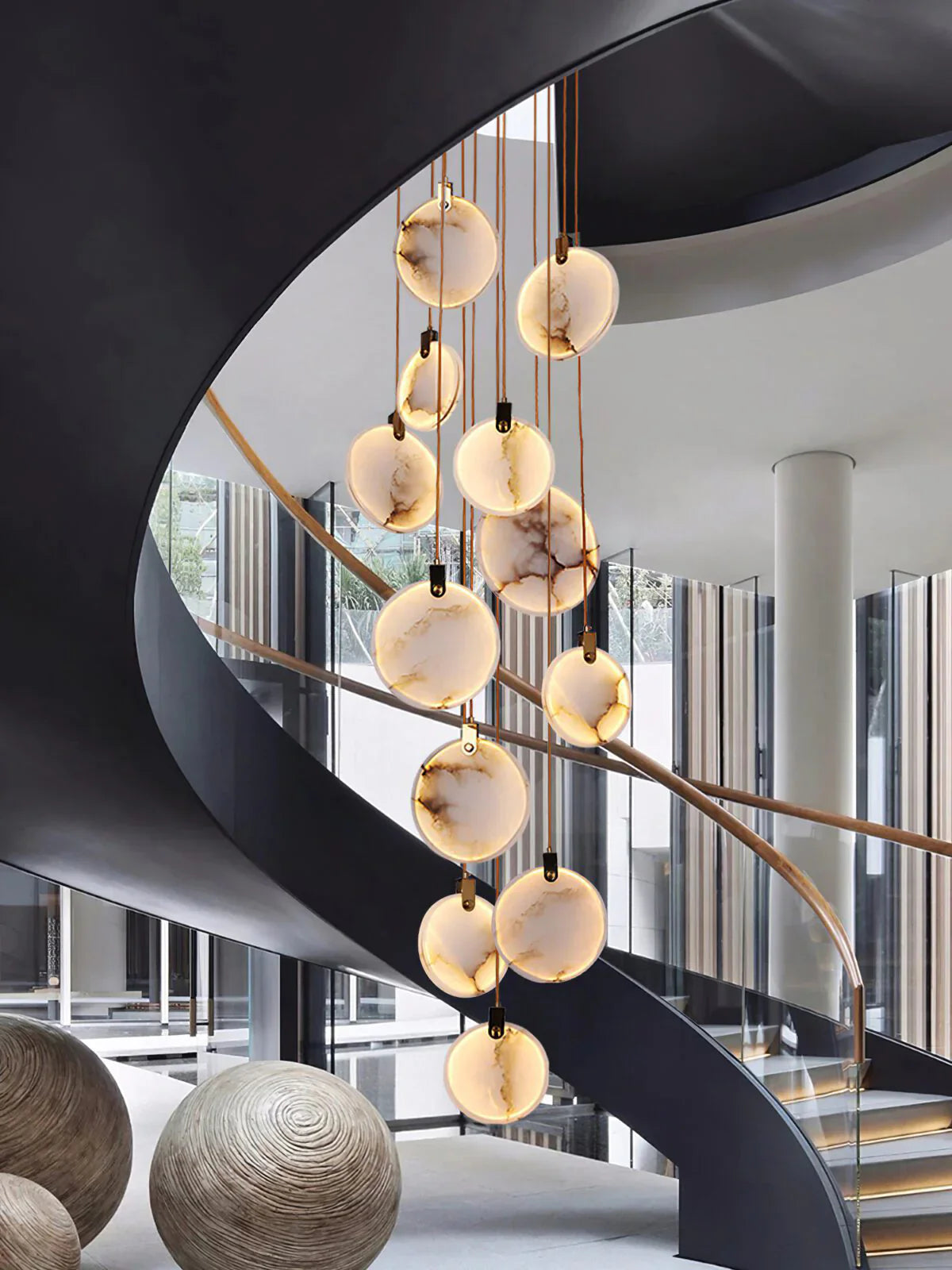 Lampa Wisząca Nowoczesna z Okrągłymi Kloszami Marmurowymi na Złotej Linie