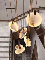 Lampa Wisząca Nowoczesna z Okrągłymi Kloszami Marmurowymi na Złotej Linie